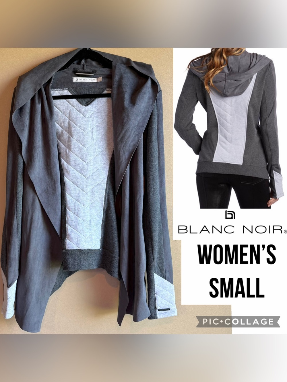 Blanc Noir Womens Jacket Hooded Drape Front Gray Faux Suede Thumbholes Size S